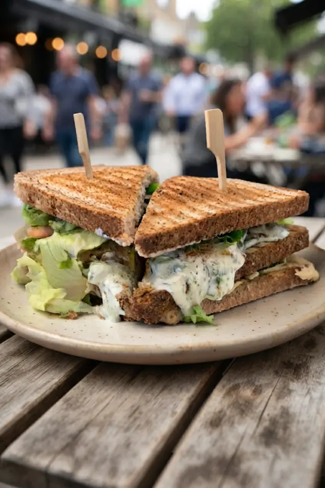 Un club sandwich toasté, coupé en deux et servi en terrasse
