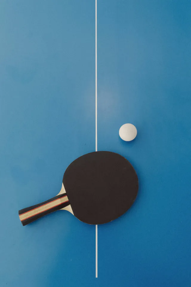Une raquette et une balle posées sur la table de ping-pong